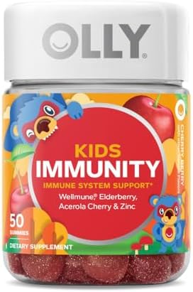 OLLY Kids Immunity Gummy, Immune Support, Wellmune, Elderberry, Vitamin C, Zinc, Chewable Supplement, Cherry - 50 Count