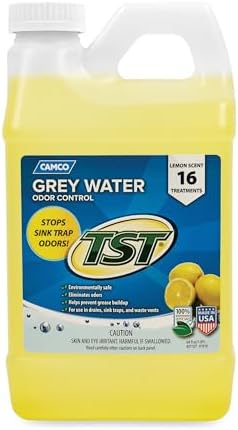 Camco TST Camper/RV Grey Water Odor Control - Removes Grease Buildup in Gray Water Tank, Sink & Shower Drains - 4oz Treats 40-Gal Holding Tank - Safe Septic Tank Treatment - Lemon, 64 oz (40256)