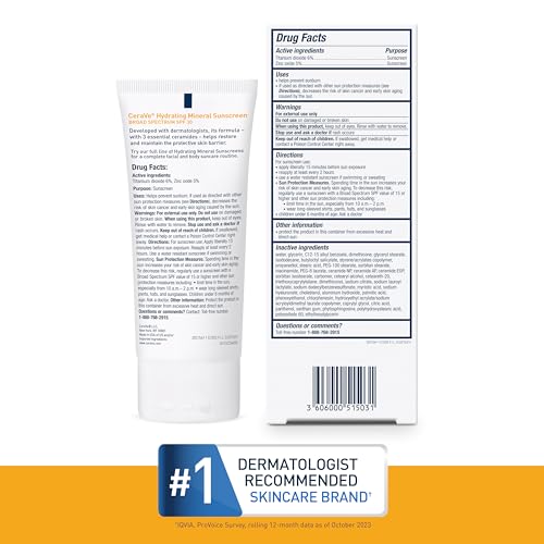 CeraVe 100% Mineral Sunscreen SPF 30 | Face sunscreen With Zinc Oxide & Titanium Dioxide | Hyaluronic Acid + Niacinamide + Ceramides | Oil Free Sunscreen For Face | Travel Size Sunscreen 2.5 oz