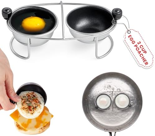 Eggssentials Egg Poacher Insert Stainless Steel Poached Egg Cooker Eggs Poaching Cup PFOA Free Egg Poachers Nonstick, 6.25" Rack Compatible with Skillet Instant Pot Pressure Cooker, 2 Poached Cups