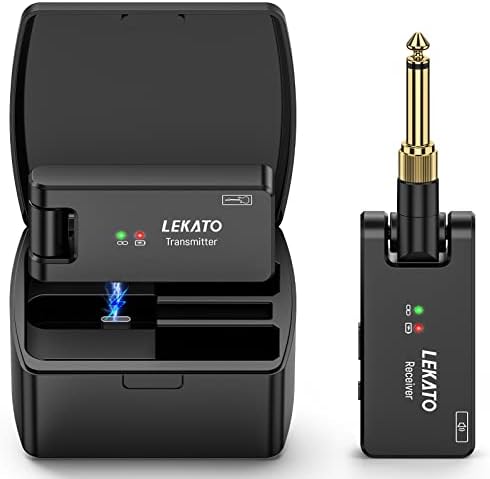 LEKATO Wireless Guitar System with Charging Case, Rechargeable Wireless Audio Transmitter Receiver 2.4Ghz Guitar Wireless System 4 Channels for Electric Guitar Bass,with 6.35mm/3.55mm Plugs (WS-100)