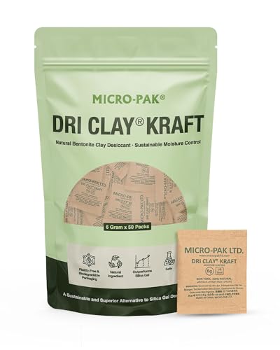 Micro-Pak Dri Clay Kraft, Highest Moisture Absorption Desiccant Packs, Silica Gel Packets Alternative, Food Safe Bentonite Clay, Desiccant Packs for Storage, Moisture Absorbers for Closet, 6gx50pcs