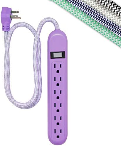 Cordinate 6-Outlet Surge Protector, Power Strip, Flat Plug, Braided Cord, Decorative, 3 ft Power Cord, Wall Mount, Tangle-Free, Warranty, Lavender, 41639
