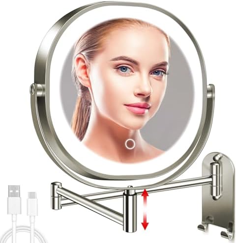 9" Wall Mounted Lighted Makeup Mirror, 3000mAh Rechargeable Double Sided 1X/10X Magnifying Mirror with Hook, 3 Color Lights Dimmable 360° Rotation Vanity Mirror for Bathroom