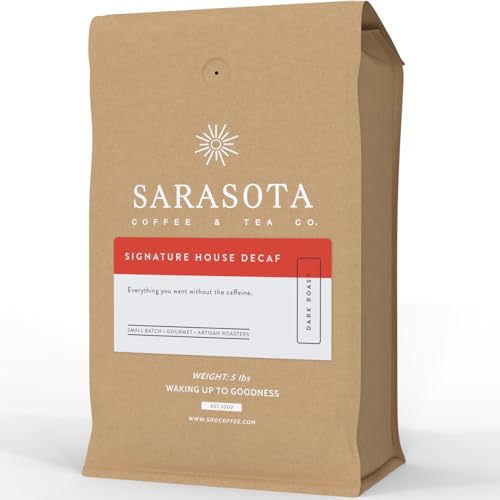 Sarasota Coffee Whole Bean Decaf | Dark Roast Gourmet Decaffeinated Coffee Beans | Low Acid, Mold Free, Specialty Grade Bulk Beans | 5lb (80 oz)
