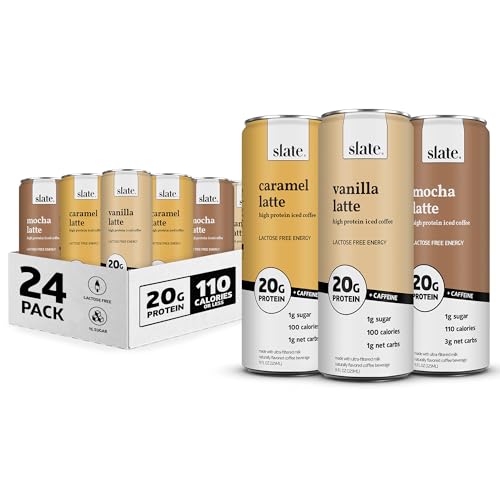 Slate Milk - High Protein Iced Coffee - Energy Variety Pack - Caramel Latte, Mocha Latte, Vanilla Latte - 175mg Caffeine, Lactose Free - 20g Protein, 1g Sugar - Protein Coffee - 11 fl oz, 24 Cans