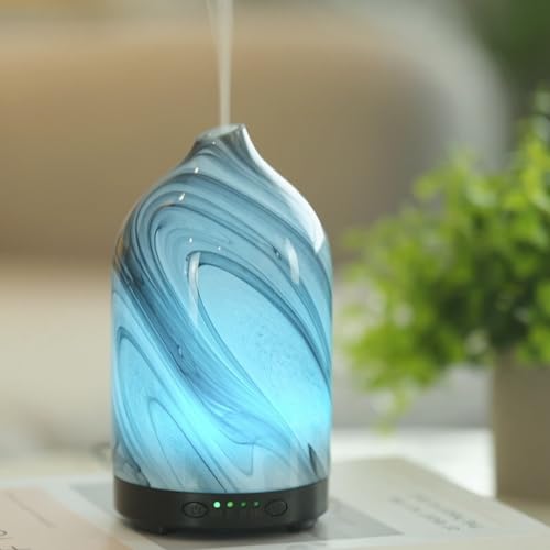 Essential Oil Diffuser Aromatherapy Diffuser - 120ml Glass Ultrasonic Cool Mist Scent Aroma Diffuser, Whisper Quiet with Auto Shut-Off, 4 Timer Setting &7 Colors Night Light for Home (Grey Wave)