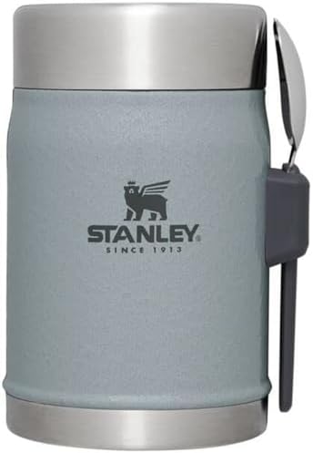 Stanley Classic Food Jar and Spork 14 oz | Vacuum Insulated Thermos Food Container | Wide Mouth Screw On Lid | Packable for Travel | Stainless Steel with Leakproof Lid | BPA-Free | Hammertone Silver