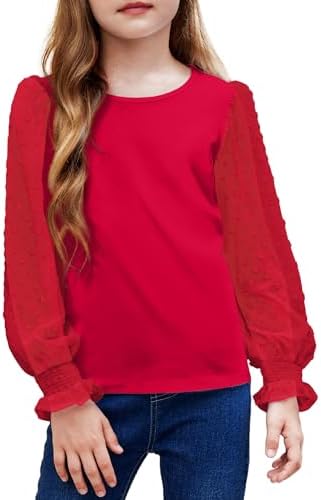Arshiner Girls Long Sleeve Shirt with Ruffle Cuffs Polka Swiss Dots Kids Girls Pullover Shirts Cute Crewneck Girls Top