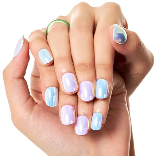 GLAMERMAID Press on Nail Extra Short Squoval, Valentine's Day Handmade Chrome Pink and Blue Gel Glue on Nail, 24Pcs Glossy Round Reusable UV Finish Fake Nails Acrylic False Nail Manicure Kit for Women
