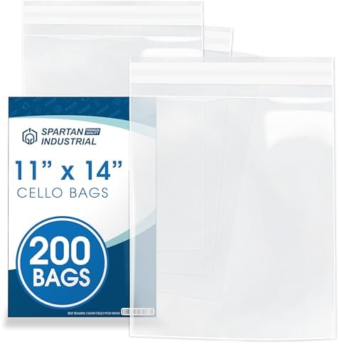 Spartan Industrial - 11" X 14" (200 Count) Crystal Clear Resealable Cello Poly Bags for Packaging, Clothing & T Shirts - Self Seal & Reinforced