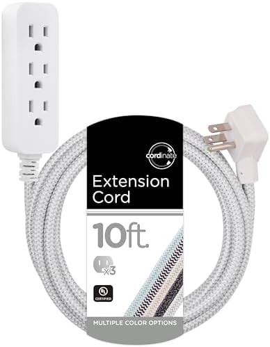Cordinate 3 Outlet Power Strip Surge Protector Indoor Outdoor Extension Cord 16 Gauge 10 Ft 3 Prong Braided Extension Cords Flat Extension Cord Heavy Duty ETL Listed White 37914