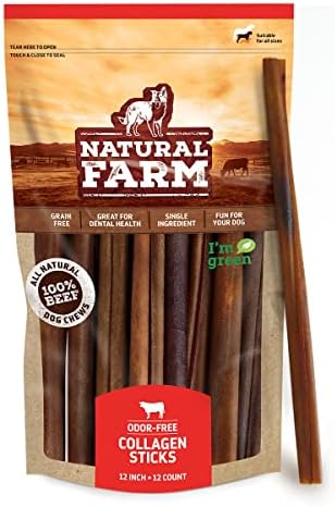 Natural Farm Odor-Free Collagen Dog Chews, (12-Inch, 12-Pack), Long Lasting Bully Sticks & Rawhide Alternative Dog Treats, 95% Collagen, High Protein Best Dental Dog Treats – Medium & Large Dogs
