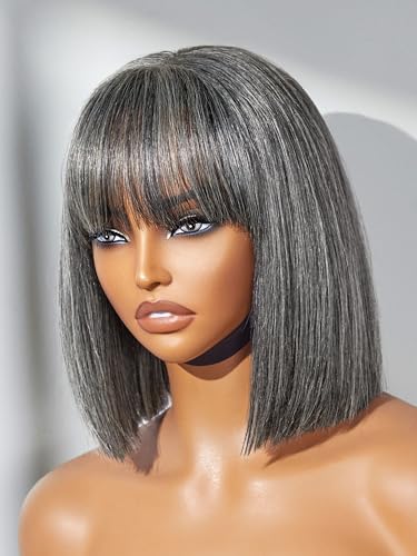 LUVME HAIR 10 Inch Grey Salt & Pepper Silky Straight Bob Wig with Bangs Human Hair Glueless HD Lace Bob Wig with Mix Grey Color, Ready to Go Short Wigs For Women (Breathable Cap)
