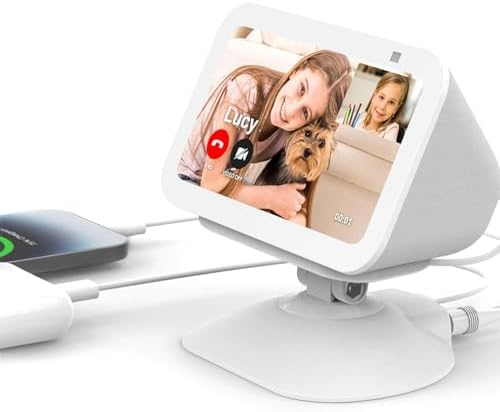 Adjustable Charging Stand for Echo Show 5 (3rd Gen) &Cell Phone， Tilt + Swivel Stand Multi Angle Rotation Magnetic Anti-Slip Base for Show 5 Compatible with Mobile Phones ,Can charge Headphones(White)