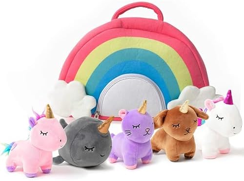 PixieCrush Unicorn Stuffed Animal Set - 5 Plush Toys for Girls with Narwhal, Puppycorn, Kittycorn and Rainbow Unicorn - Soft Plushies with Carry Case - Gift for Kids Ages 3 and Up