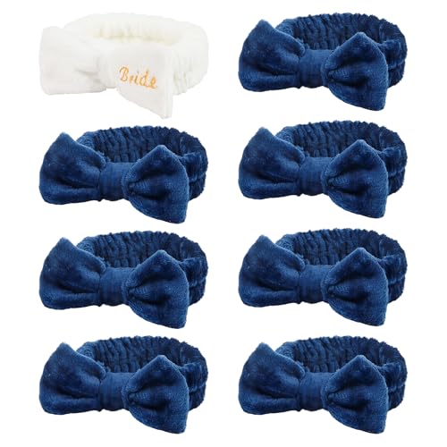 Semato Bachelorette Party Favor Set Bride Spa Headband Bride Headband and Bridesmaid Headband Skincare Headbands for Women Cute Bow Head Bands Party Supplies (1 bride+ 7 navy blue)