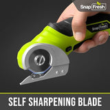 SnapFresh Cordless Electric Cutter (7.87x3.15in, 0.87lb), Stainless Steel Rotary Blade, Versatile Packaging & Carpet Cutter, Self-Sharpening, Safety Start, Replacement Blade Included