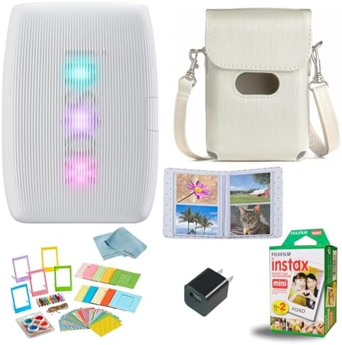 Fujifilm INSTAX Mini Link 3 Smartphone Printer + INSTAX Mini Instant Film (20 Sheets) + USB Wall Charger + BluebirdSales Travel Bag, Photo Album, Microfiber Cleaning Cloth (Clay White)