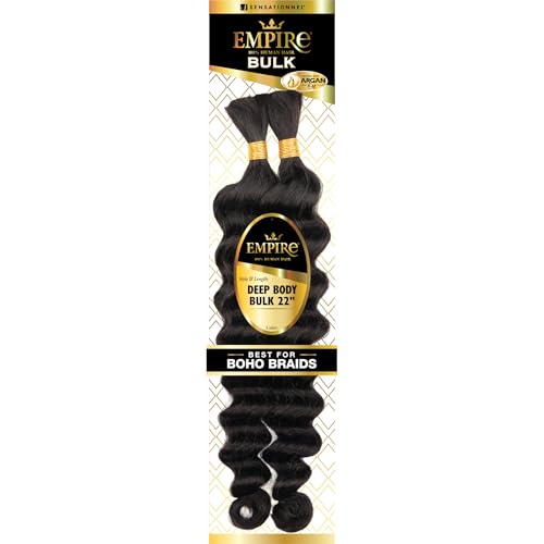 Sensationnel Empire bulk braiding – deep body human hair braids for knotless boho box or curly loose wave styles - 1 pack (22 inch, 1 JETBLACK)