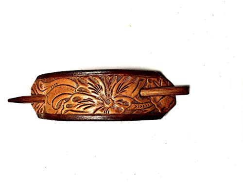 1 LARGE LEATHER HAIR BARRETTE WITH STICK…. CLIPPED CORNER DESIGN PONYTAIL HOLDER…... WESTERN FLOWER PATTERN HAIR CLIP CHOICE OF 5 OUTSTANDING COLORS