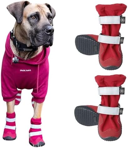 Spark Paws Water-Resistant Dog Boots for Medium Large Dogs, Anti-Slip Dog Shoe Booties Paw Protector for Rain Snow Hiking Reflective Straps 4PCS - Red, E