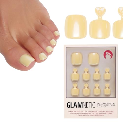 Glamnetic Press On Toenails - Yellow Pop | Pastel Yellow Fake Toe Nails with a Glazed Finish | 16 Sizes - 32 Toe Nail Kit with Glue