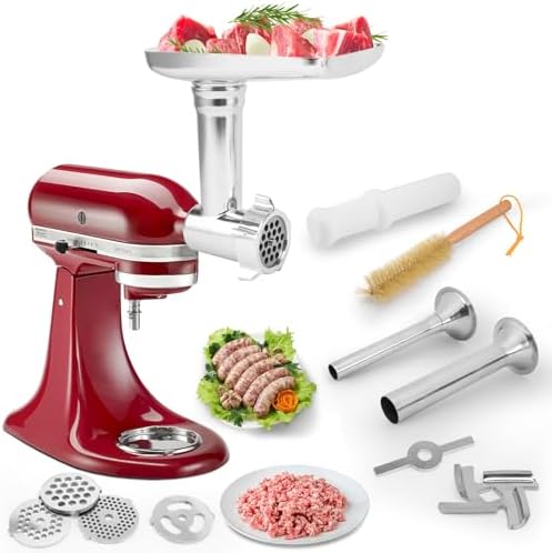 Meat Grinder Attachment for KitchenAid Stand Mixer,Metal food Meat grinder attachment, Perfect Mixer Attachment for KitchenAid Mixers,3 Sausage Stuffer Tubes, Silver