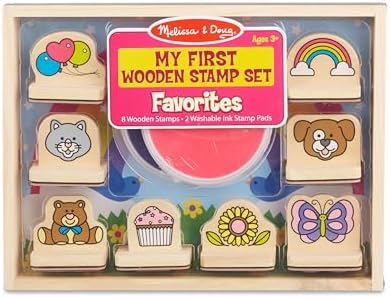 Melissa & Doug My First Wooden Stamp Set Favorites (8 Stamps with Handles, 2 Washable Ink Pads) Wooden Kids Stamps With Handles Set, For Kids Ages 3+