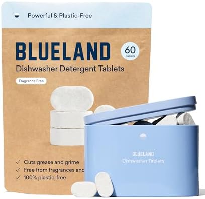 BLUELAND Dishwasher Detergent Tablets, Starter Set, 60 Count with Tin, Unscented Plastic-Free Eco Friendly Dishwashing Pods, Natural, Non Toxic, Sustainable