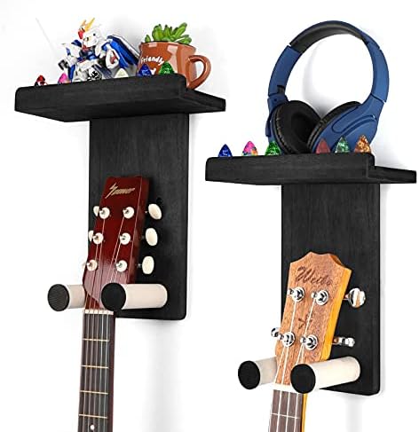 Keebofly Guitar Wall Hanger,2 Pack Guitar Wall Mount Holder Guitar Hanger Shelf with Pick Holder Wood Guitar Rack for Acoustic or Electric Guitar,Ukulele,Bass,Mandolin Black,[Patented]