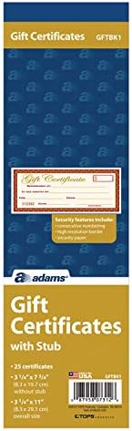Adams 1-Part Gift Certificates with Stub, 3-1/4" x 11", 25 Certificates/BK (GFTBK1)