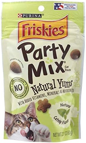 Purina Friskies Party Mix Natural YUMS Cat Treats, Natural Catnip Flavor with Added Vitamins, Minerals & Nutrients, Crunchy Cat Treats, 2.1 Ounce Pouch (Pack of 3)