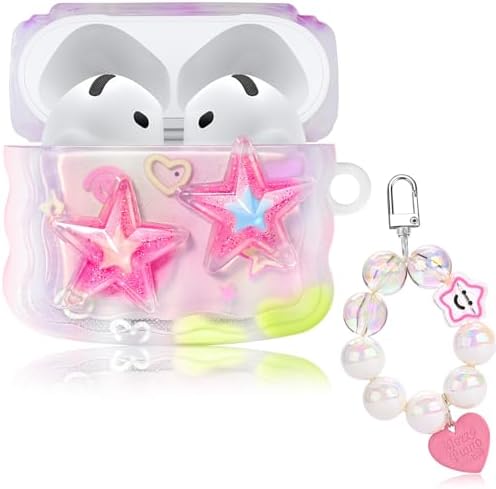 Cute Cases for AirPod 4 with Love Pendant Colorful Round Bead Keychain, Glitter 3D Stars Design Soft Protective Cover for AirPods 4th Generation 2024 Released
