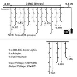 White Christmas Lights Outdoor - 33ft 400 LED Icicle Lights for Outside House, Twinkle Tree Lights Plug in 8 Modes Timer Waterproof for Patio Window Holiday Wedding Party Pathway Indoor Decorations