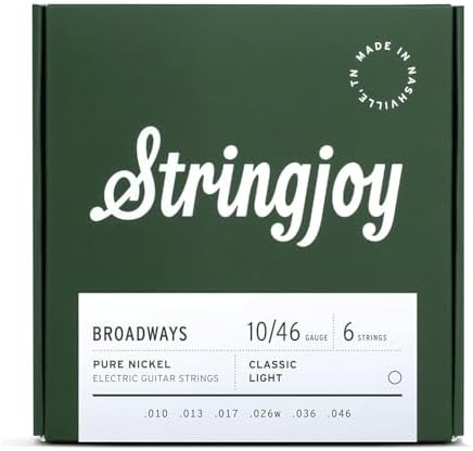 Stringjoy BR1046 Broadways Electric Pure Nickel Guitar Strings, 10-46 Classic Light Gauge, Durable, Guitar Strings for Enhanced Tone & Smooth Play, Electric Guitar Strings 6 String Set