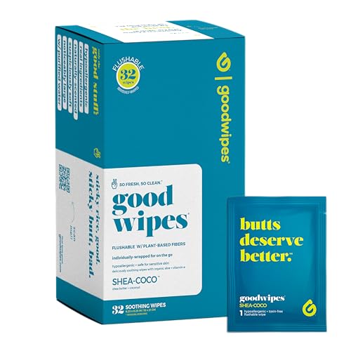 Goodwipes Flushable Wipes – Made with Vitamin E & Aloe – Soft, Individually Wrapped Butt & Feminine Cloths for On-the-Go & Travel Use – Largest Adult Toilet Towelettes – Shea-Coco, 1 pack, 32 count