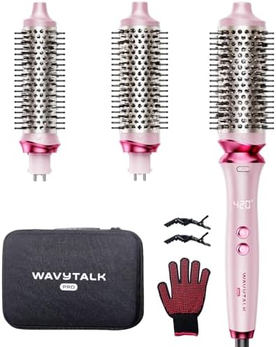 Wavytalk Pro Thermal Brush Set, Negative Ion Round Brush, Dual Voltage Heated Styler With 3 Sizes Detachable Brushes for Short and Long Hair One-Step Shiny Blowout Look, Pink