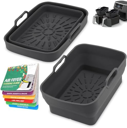 2Pcs Air Fryer Silicone Liners for Ninja SL401 /DZ201/ DZ401/ DZ550 8-10 QT, Reusable Liners for COSORI, Chefman, Instant Air Fryer, Silicone Air Fryer Basket Liners with Magnetic Cheat Sheet, Black