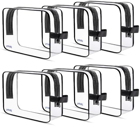 VYRL 6 Pack Clear Makeup Bags – 3 Large & 3 Small TSA-Approved Quart-Size Toiletry Bags – Water-Resistant Durable PVC Pouches with Zippers for Travel Essentials & Carry-On Accessories – Black