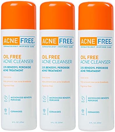 AcneFree Oil-Free Acne Cleanser for Oily Skin and Acne Prone Skin Formulated with Benzoyl Peroxide 2.5%, helps Clear Blemishes and Nourish Skin, 8 Fl Oz (Pack of 3)