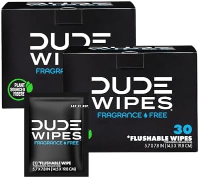 DUDE Wipes - On-The-Go Flushable Wipes - 2 Pack, 60 Wipes - Unscented Extra-Large Individually Wrapped Adult Wet Wipes - Vitamin E & Aloe - Septic and Sewer Safe