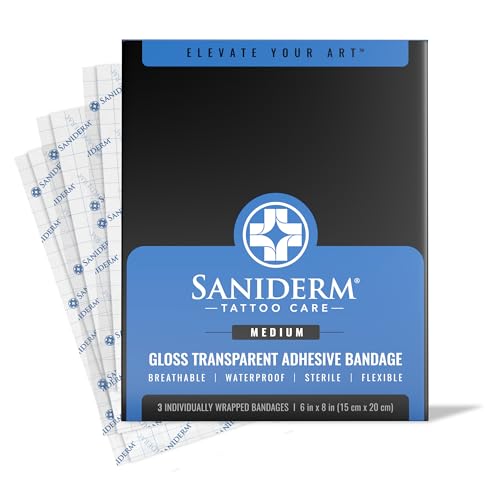 Saniderm Tattoo Aftercare Bandage 3 Sheets (Medium Pack, 6 in x 8 in) – Convenient, Faster Tattoo Healing and Protection – Sterile, Waterproof, and Latex-Free