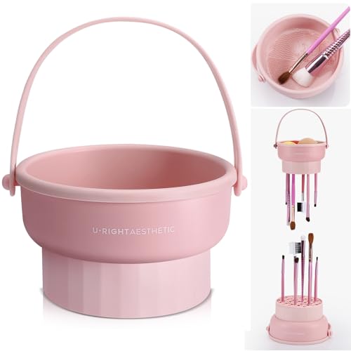 Makeup Brush Cleaner Mat 3 in 1 Silicone Makeup Brush Cleaner Bowl Cosmetic Brushes Cleaning Tool Organizer for Storage and Air Drying (Pink)
