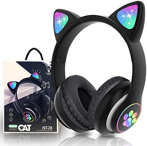 Bluetooth Noise Cancelling Headphones for Kids,Foldable Cat Headphones with LED Light Up Ear,Cat Ear Headphones for Toddler with Microphone/TF Card,Kids Bluetooth Headphones for ipad