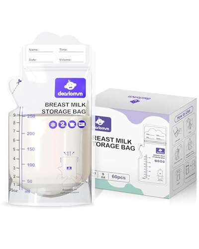 dearlomum BPA-Free Breastmilk Storage Bags - 60 Pcs, 9 Ounce, Self-Standing with Pour Spout, Space-Saving Flat Profile, Ideal for Convenient Breastfeeding and Milk Storage, Refrigeration & Freezing