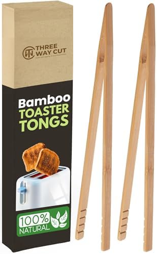 Wooden Toaster Tongs 2 PCs | Bamboo Kitchen Utensils For Cooking & Holding Toast Bacon Muffin Fruits, Pickles, Cheese Bagel Bread Ultra Grip | 9 Inch Long Natural Toxic Free