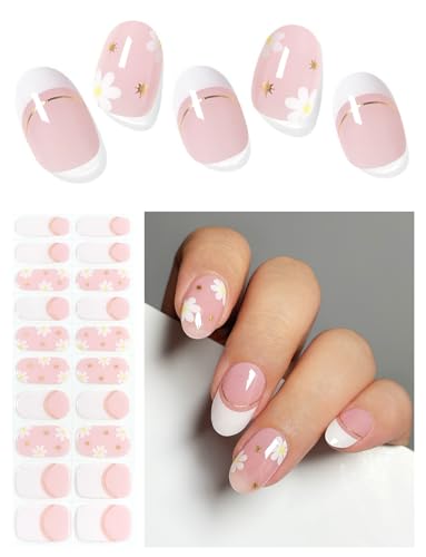 Semi Cured Gel Nail Strips (Pink Daisy)-20 PCS French Gel Nail Stickers | Gel Nail Wraps | UV Light Required, Salon Quality & Easy to Use