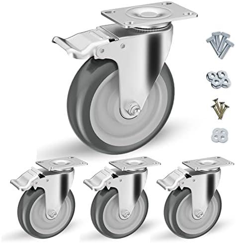 Casters, 5 inch Caster Wheels, Casters Set of 4 Heavy Duty - CLOATFET Locking Casters, Swivel Casters with Brake (Top Plate), Non Marking Grey TPR Rubber Castor Wheels for Cart Furniture Workbench