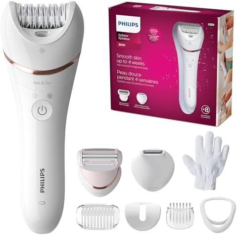 Philips Epilator Series 8000, Wet & Dry, 3-in-1 with Shaver & Trimmer Attachments for Women, 8 Accessories Included, BRE720/14